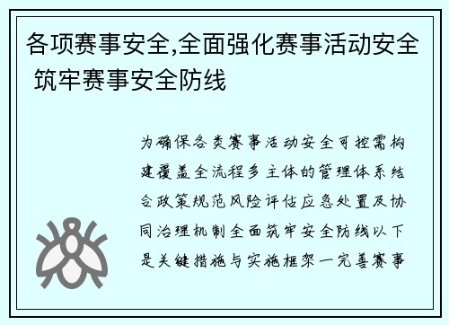 各项赛事安全,全面强化赛事活动安全 筑牢赛事安全防线